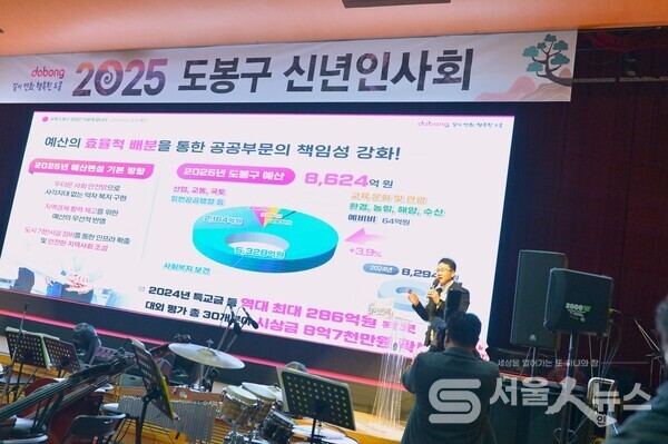 ▲오언석 도봉구청장이 신년인사회에서 6가지‘미래 도봉’비전 제시를 발표하고 있다.