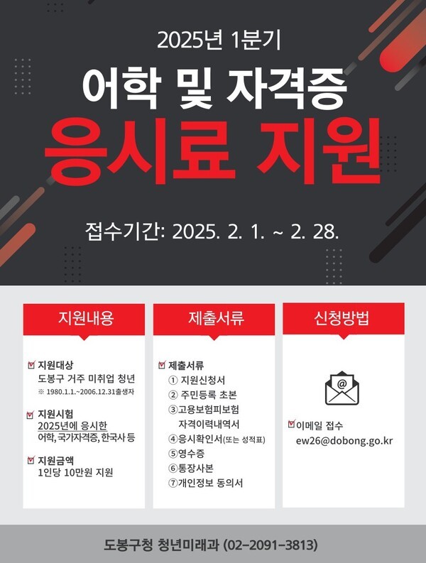 ▲도봉구 미취업 청년 어학 및 자격증 응시료 지원사업 포스터