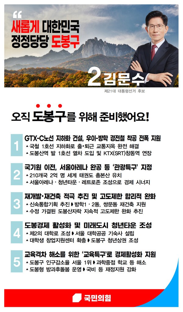 ▴김문수 대통령후보의 도봉구 공약 홍보물(제공=국민의힘 도봉을당협)