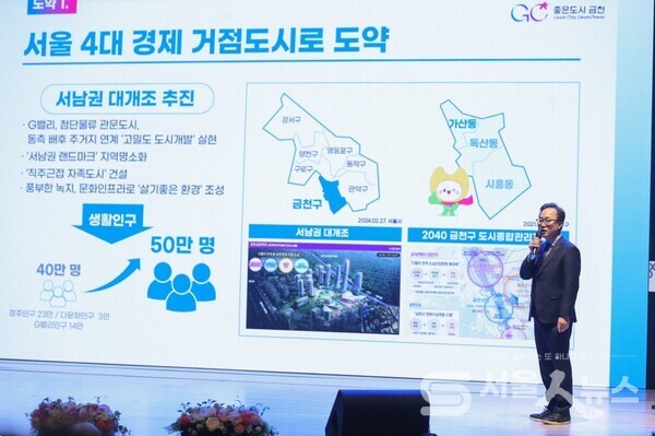 ▲유성훈 금천구청장이 2025 새해인사회 행사에서 ‘금천 미래 30년’을 발표하고 있다. 