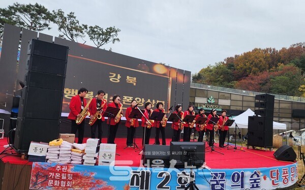 ▲행복색소폰앙상블 단원들이 ‘제2회 꿈의숲 단풍문화축제’에서 열띤 공연을 하는 모습.